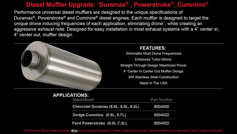 Chevrolet, GMC Duramax 6.2L, 6.5L, 6.6L; 4.0" Diesel Muffler Upgrade Kit
